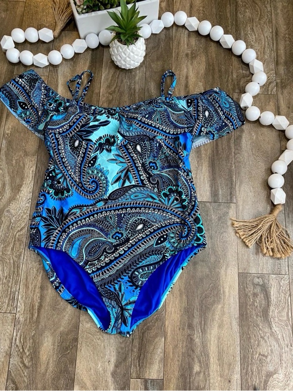 Jantzen Aqua/Cobalt Paisley Off The Shoulder Swimsuit